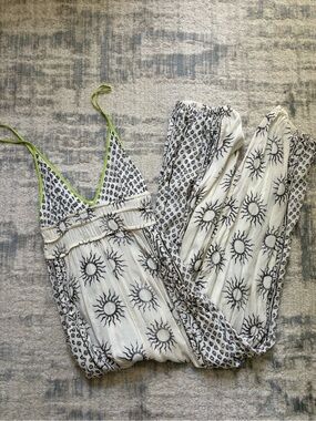 Urban Outfitters White and Gray Sun-Print Jumpsuit with Lime Trim